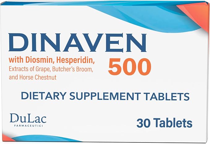 Dulac Dinaven 500, Micronized Diosmin Hesperidin Dietary Supplement 1000mg per serving, Horse Chestnut Extract, Butcher’s Broom & Red Grape Extract, Leg Circulation Support, 30 Tablets, Made in Italy
