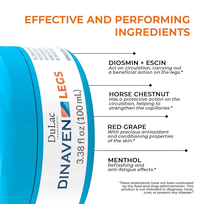 Dulac, Dinaven Legs Gel Cream, Cooling & Refreshing, with Diosmin & Menthol, Horse Chestnut Extract, Butcher's Broom & Red Vine, Fast-Absorbing, Non-Greasy, Daily Leg Care, 3.38 fl oz, Made in Italy
