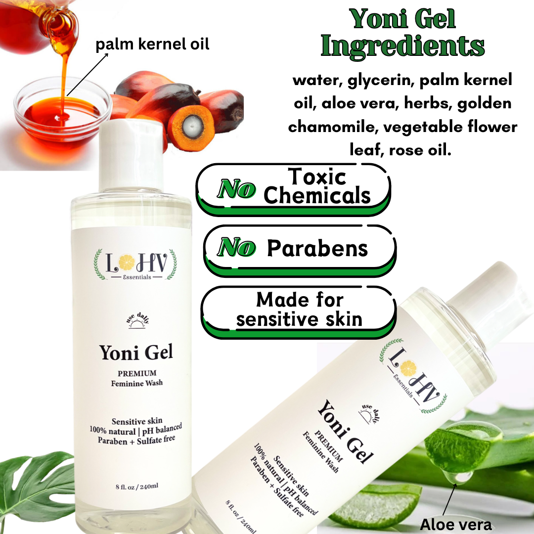 LOHV ESSENTIALS - PREMIUM Herbal LOHV YONI GEL pH Balancing Intimate Wash: Eliminate Odor, Cleanse Vulva, Maintain a Healthy pH Balance with Palm Kernel Oil + Rose Oil + Aloe Vera Leaf