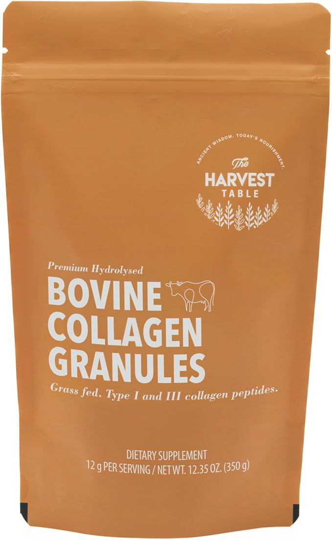 The Harvest Table Grass Fed Bovine Collagen Granules — 90% Pure Protein, Types I & III, Tasteless & Odorless, Halal Certified, No Additives, Keto Paleo Friendly, 12.35oz (350g)
