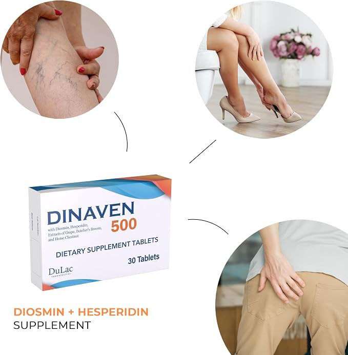 Dulac Dinaven 500, Micronized Diosmin Hesperidin Dietary Supplement 1000mg per serving, Horse Chestnut Extract, Butcher’s Broom & Red Grape Extract, Leg Circulation Support, 30 Tablets, Made in Italy