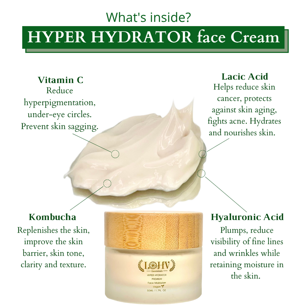 LOHV ESSENTIALS - PREMIUM 100% VEGAN HYPER HYDRATOR Face Moisturizer With SPF 30 + Hyaluronic Acid + Lactic acid + Vitamin C + Kombucha