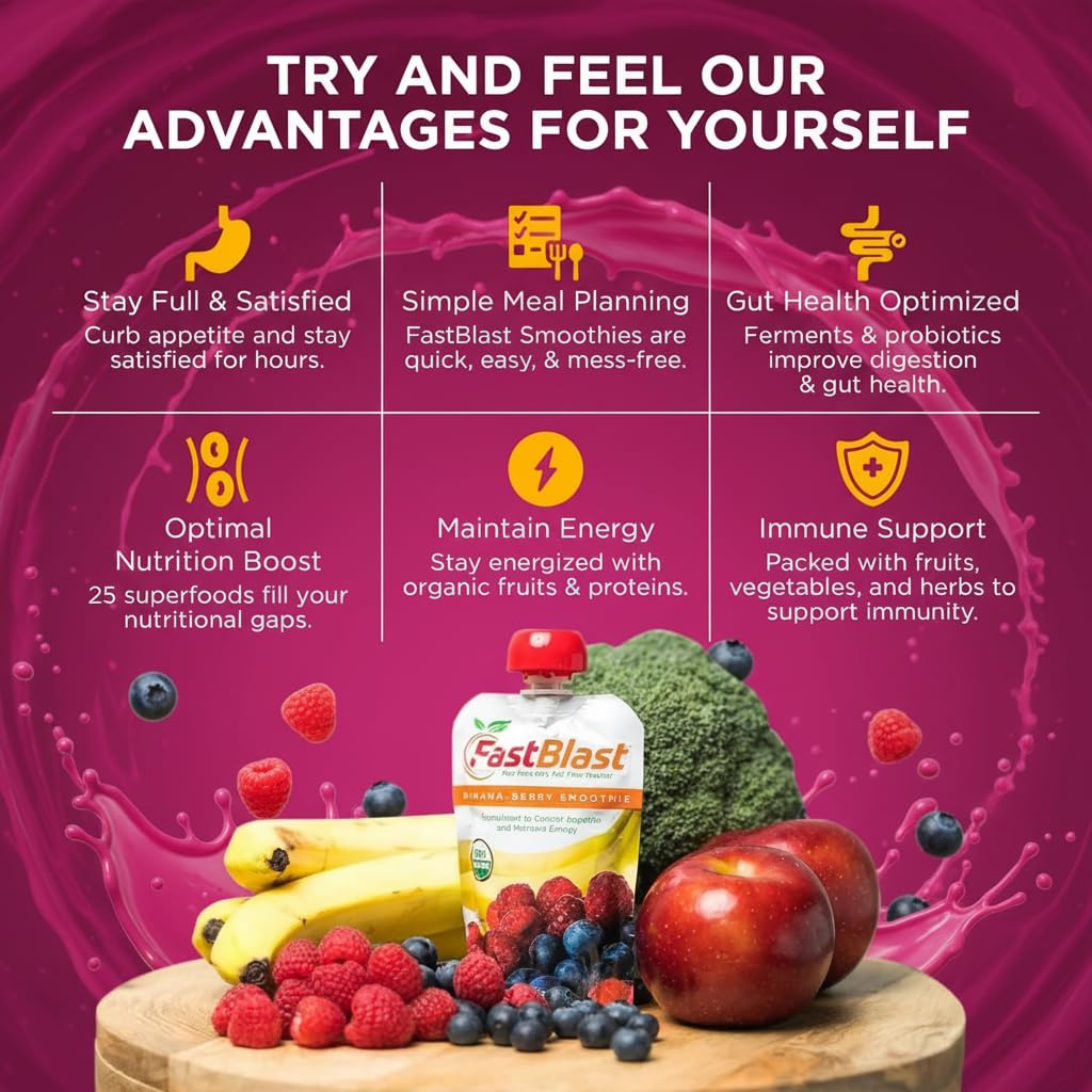 FastBlast - Fruit Smoothie Pouches Banana Berry - 1 Pack, 12 Pcs USDA Organic Gluten Free Snacks for Adults, No Added Sugar, Intermittent Fasting Support, Protein Pouches Adult Meal Replacement