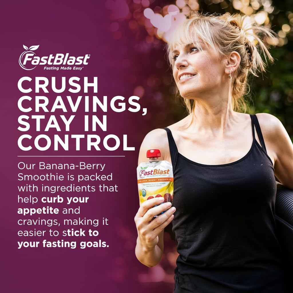FastBlast - Fruit Smoothie Pouches Banana Berry - 1 Pack, 12 Pcs USDA Organic Gluten Free Snacks for Adults, No Added Sugar, Intermittent Fasting Support, Protein Pouches Adult Meal Replacement