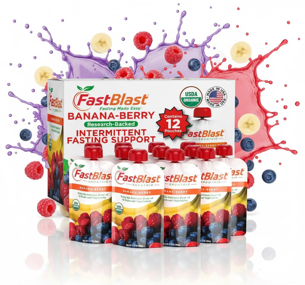 FastBlast - Fruit Smoothie Pouches Banana Berry - 1 Pack, 12 Pcs USDA Organic Gluten Free Snacks for Adults, No Added Sugar, Intermittent Fasting Support, Protein Pouches Adult Meal Replacement