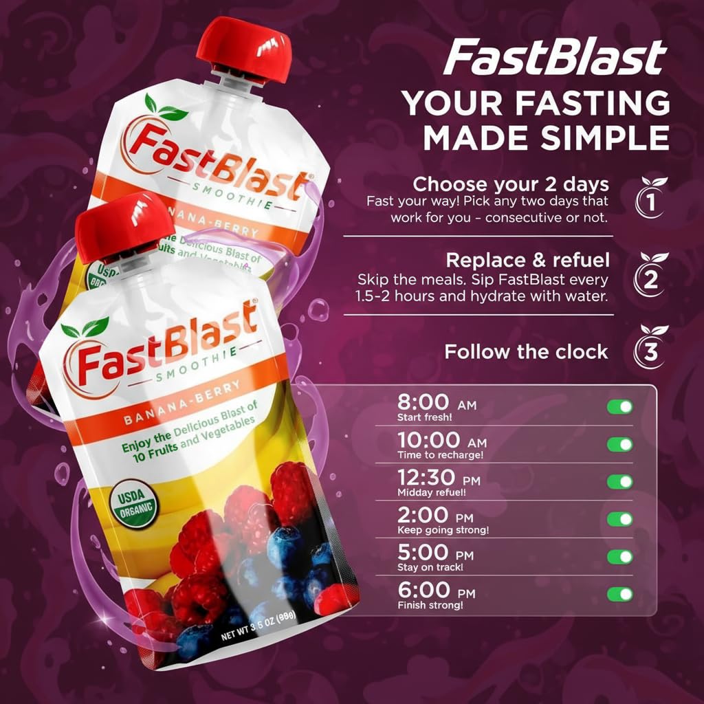 FastBlast - Fruit Smoothie Pouches Banana Berry - 1 Pack, 12 Pcs USDA Organic Gluten Free Snacks for Adults, No Added Sugar, Intermittent Fasting Support, Protein Pouches Adult Meal Replacement