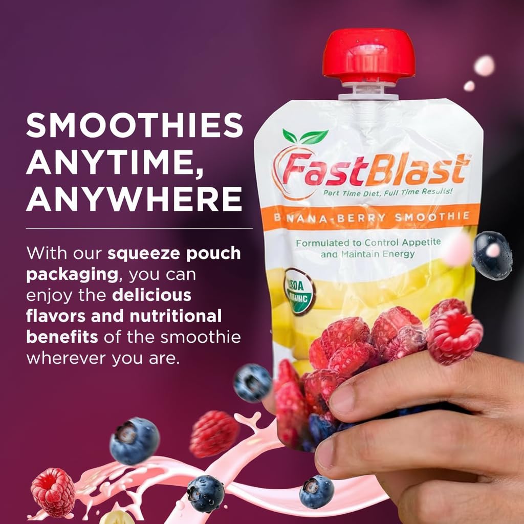 FastBlast - Fruit Smoothie Pouches Banana Berry - 1 Pack, 12 Pcs USDA Organic Gluten Free Snacks for Adults, No Added Sugar, Intermittent Fasting Support, Protein Pouches Adult Meal Replacement