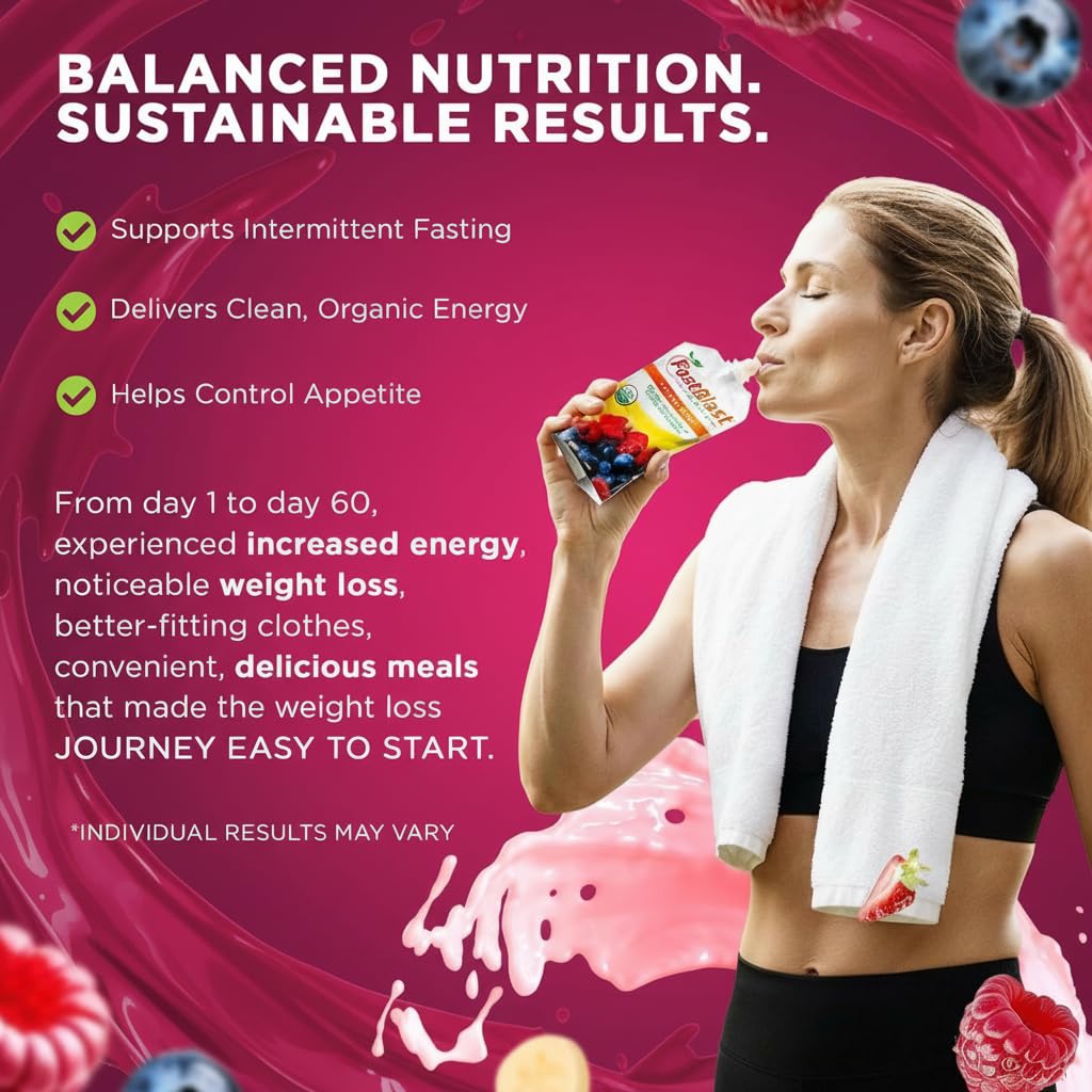 FastBlast - Fruit Smoothie Pouches Banana Berry - 1 Pack, 12 Pcs USDA Organic Gluten Free Snacks for Adults, No Added Sugar, Intermittent Fasting Support, Protein Pouches Adult Meal Replacement