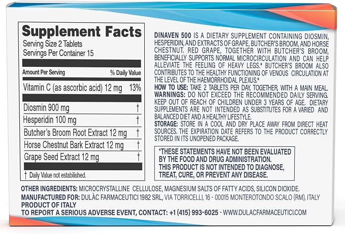 Dulac Dinaven 500, Micronized Diosmin Hesperidin Dietary Supplement 1000mg per serving, Horse Chestnut Extract, Butcher’s Broom & Red Grape Extract, Leg Circulation Support, 30 Tablets, Made in Italy