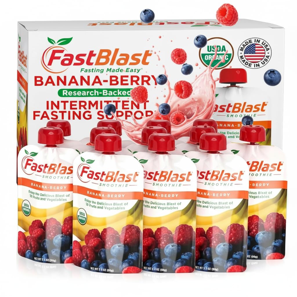 FastBlast - Fruit Smoothie Pouches Banana Berry - 1 Pack, 12 Pcs USDA Organic Gluten Free Snacks for Adults, No Added Sugar, Intermittent Fasting Support, Protein Pouches Adult Meal Replacement