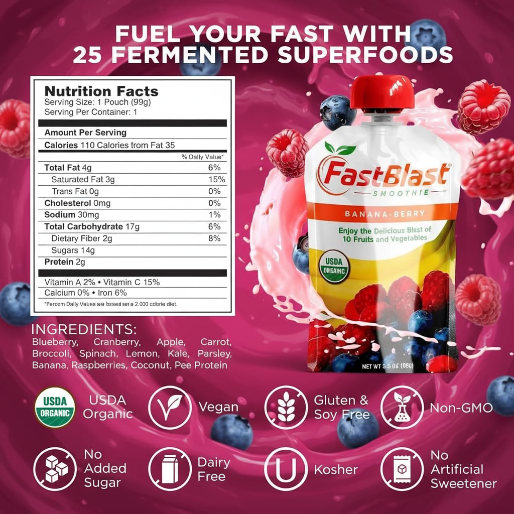 FastBlast - Fruit Smoothie Pouches Banana Berry - 1 Pack, 12 Pcs USDA Organic Gluten Free Snacks for Adults, No Added Sugar, Intermittent Fasting Support, Protein Pouches Adult Meal Replacement
