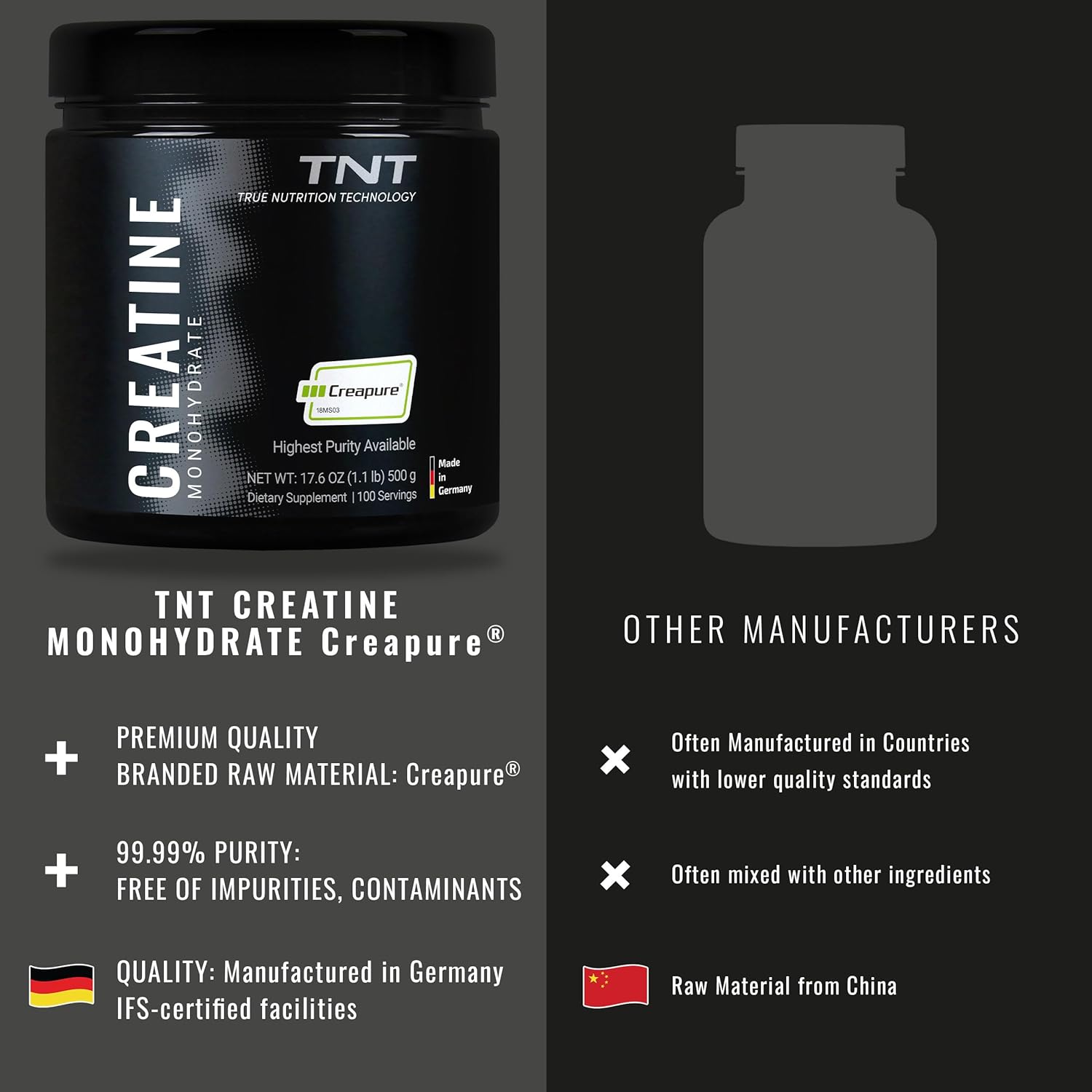 TNT Creapure® Creatine Monohydrate Powder (100 Servings) -  Made in Germany - 5g per Serving - Supports Strength, Endurance & Cognitive Energy* - Micronized, Vegan, 99.99% Pure