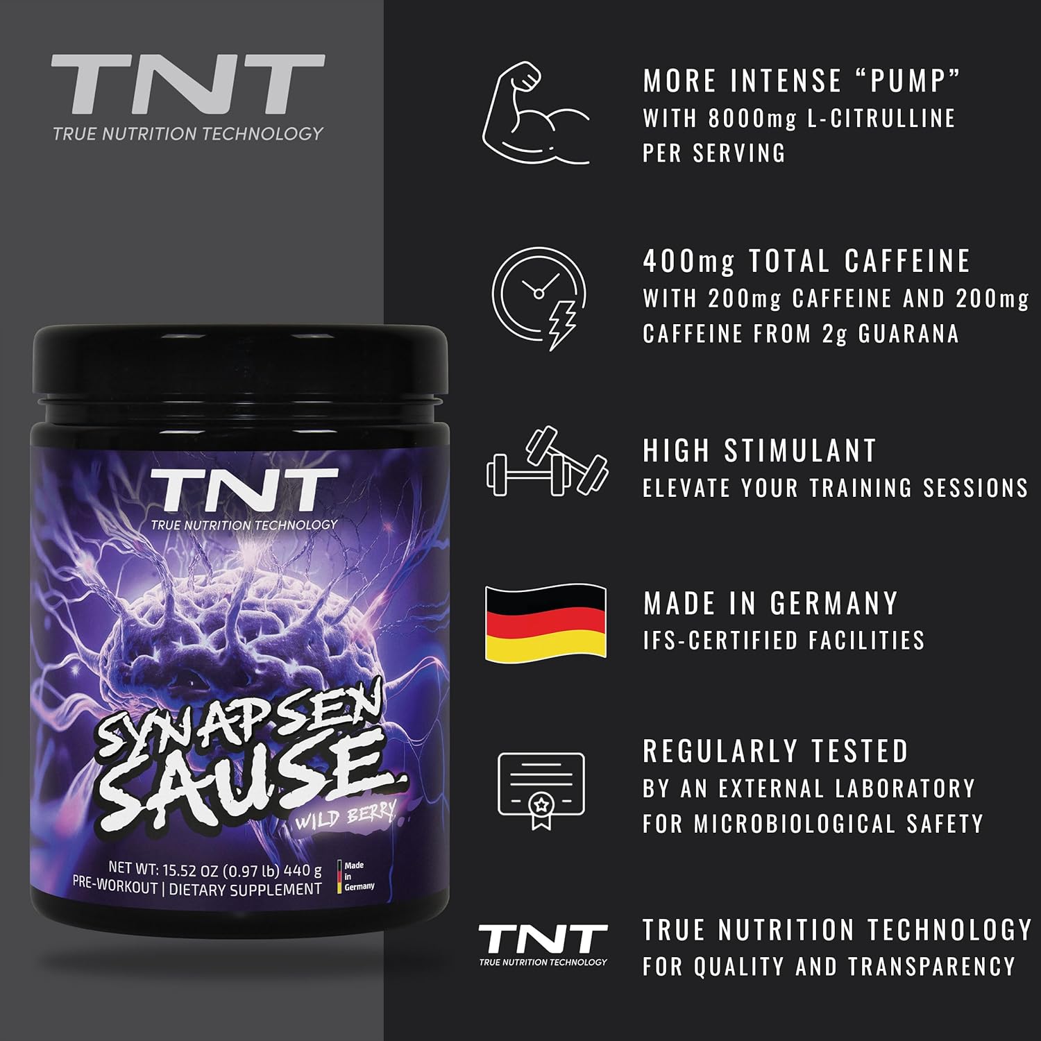 TNT Synapsensause "Wild Berry" (440 g) - Pre-Workout Booster - Fitness & Bodybuilding - Training Booster with L-Citrulline, Caffeine & Guarana