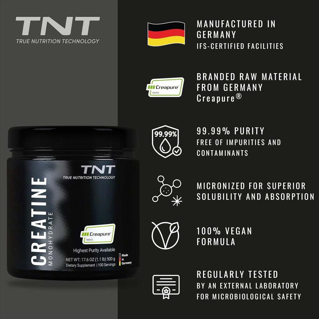 TNT Creapure® Creatine Monohydrate Powder (100 Servings) -  Made in Germany - 5g per Serving - Supports Strength, Endurance & Cognitive Energy* - Micronized, Vegan, 99.99% Pure