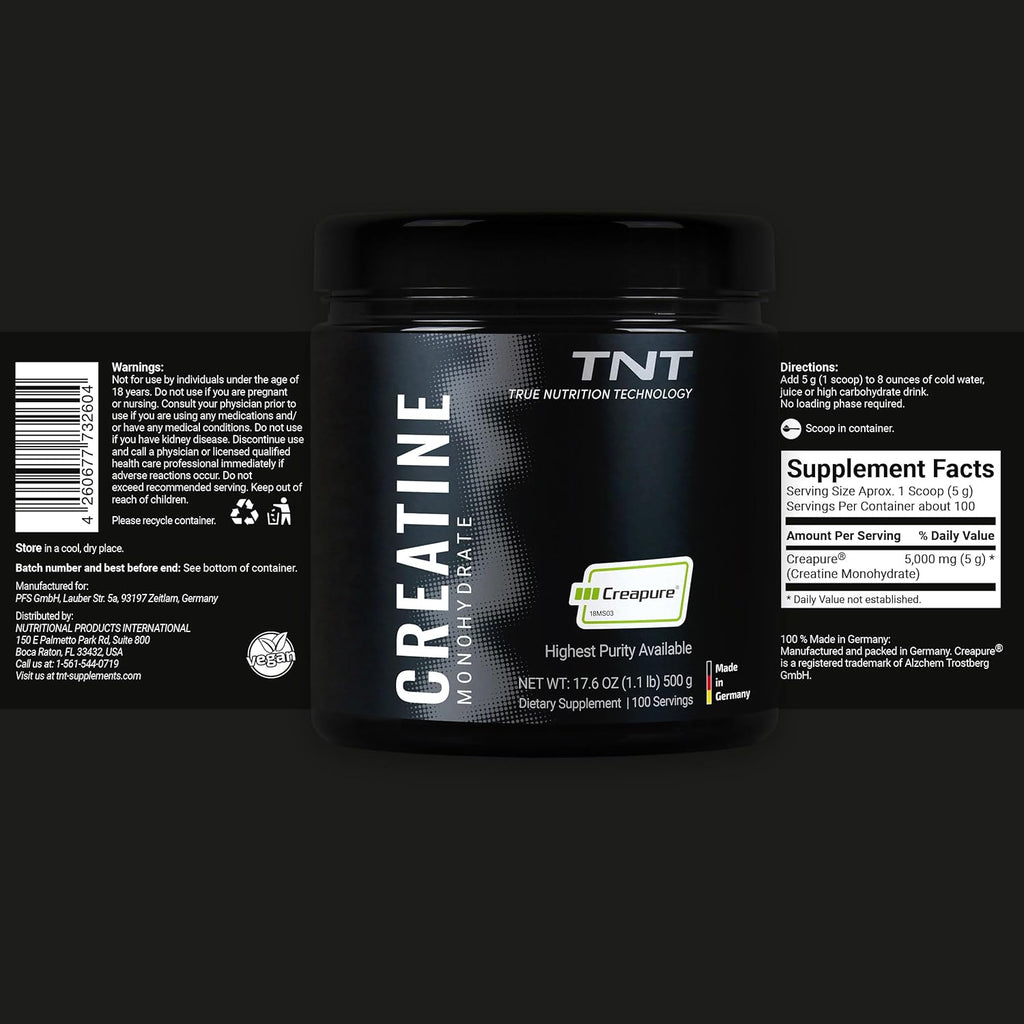 TNT Creapure® Creatine Monohydrate Powder (100 Servings) -  Made in Germany - 5g per Serving - Supports Strength, Endurance & Cognitive Energy* - Micronized, Vegan, 99.99% Pure