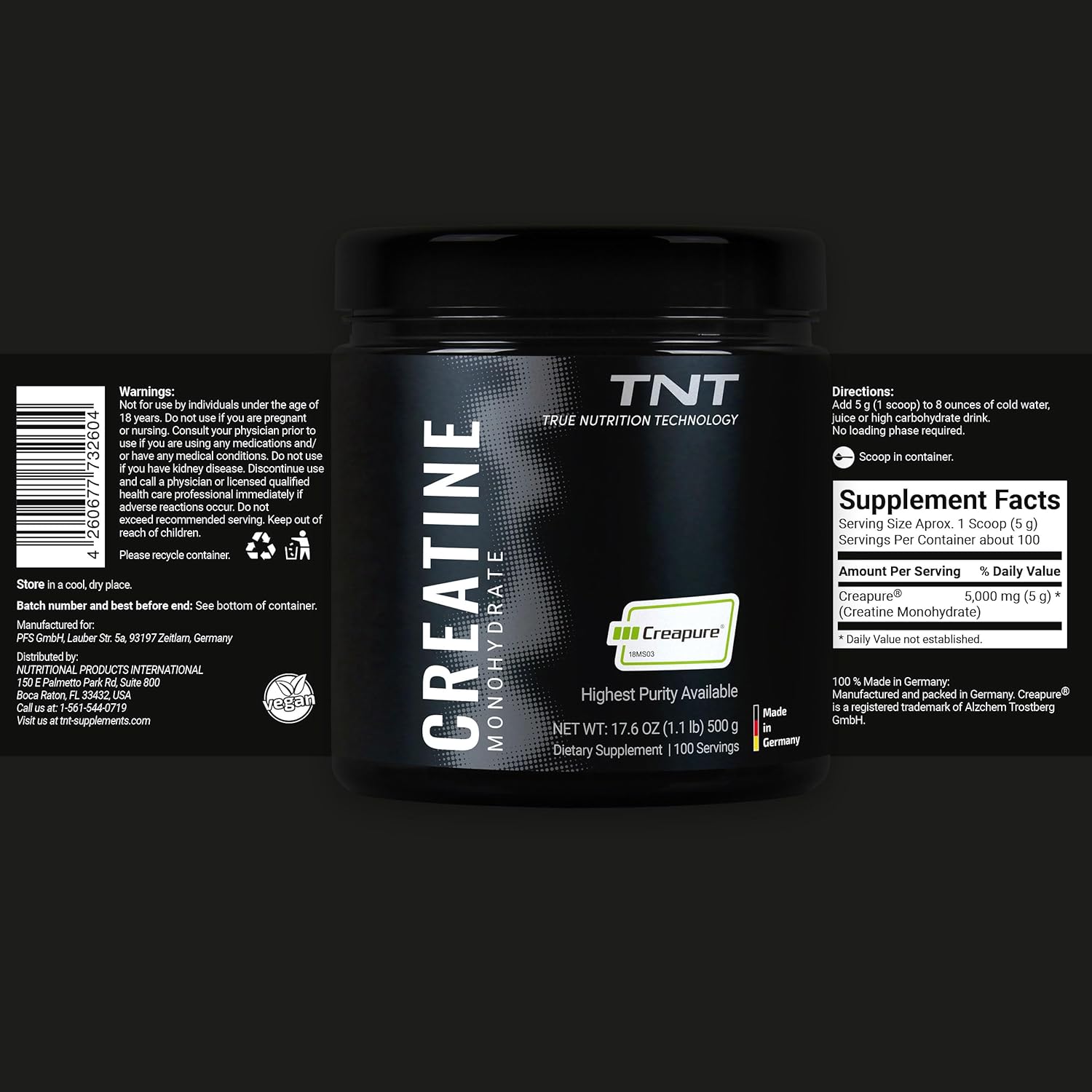 TNT Creapure® Creatine Monohydrate Powder (100 Servings) -  Made in Germany - 5g per Serving - Supports Strength, Endurance & Cognitive Energy* - Micronized, Vegan, 99.99% Pure