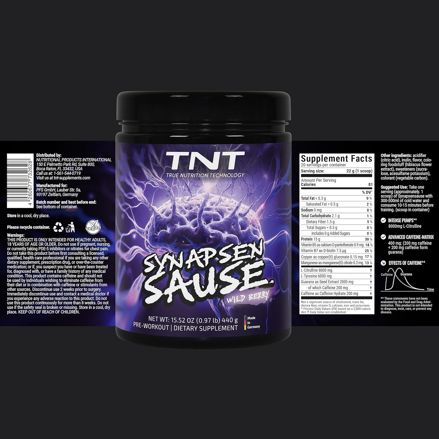 TNT Synapsensause "Wild Berry" (440 g) -  Pre-Workout Booster - Fitness & Bodybuilding - Training Booster with L-Citrulline, Caffeine & Guarana