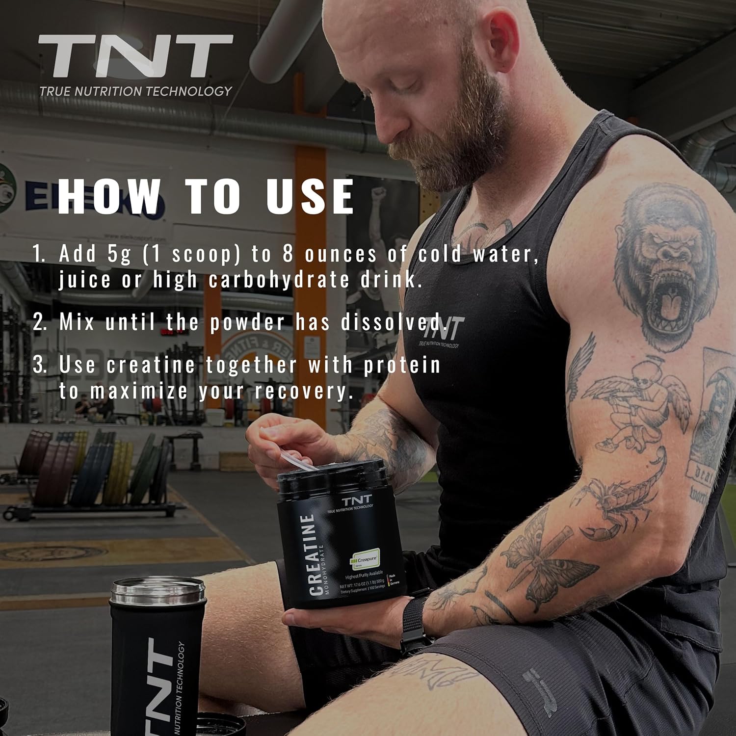 TNT Creapure® Creatine Monohydrate Powder (100 Servings) -  Made in Germany - 5g per Serving - Supports Strength, Endurance & Cognitive Energy* - Micronized, Vegan, 99.99% Pure