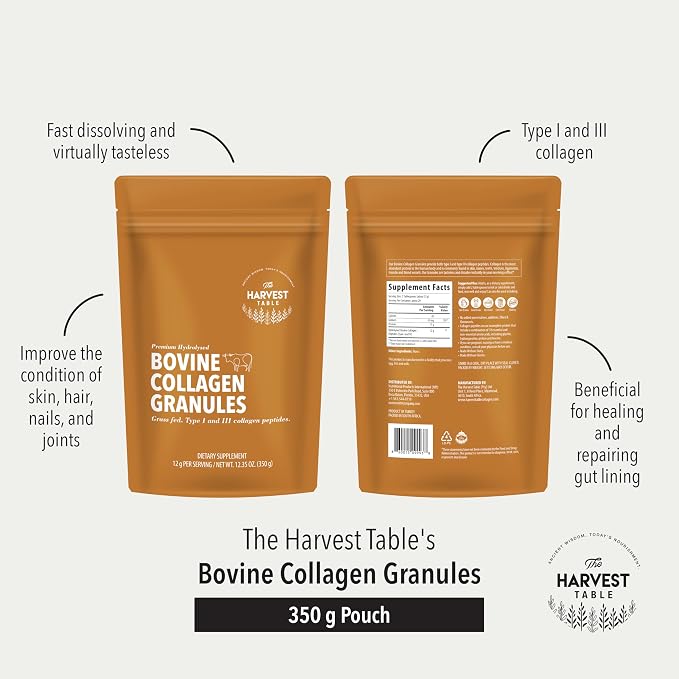 The Harvest Table Grass Fed Bovine Collagen Granules — 90% Pure Protein, Types I & III, Tasteless & Odorless, Halal Certified, No Additives, Keto Paleo Friendly, 12.35oz (350g)