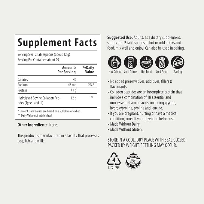 The Harvest Table Grass Fed Bovine Collagen Granules — 90% Pure Protein, Types I & III, Tasteless & Odorless, Halal Certified, No Additives, Keto Paleo Friendly, 12.35oz (350g)