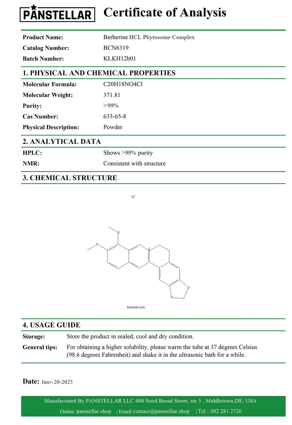 Panstellar - Berberine HCl Phytosome Complex 2000mg – 180 Capsules