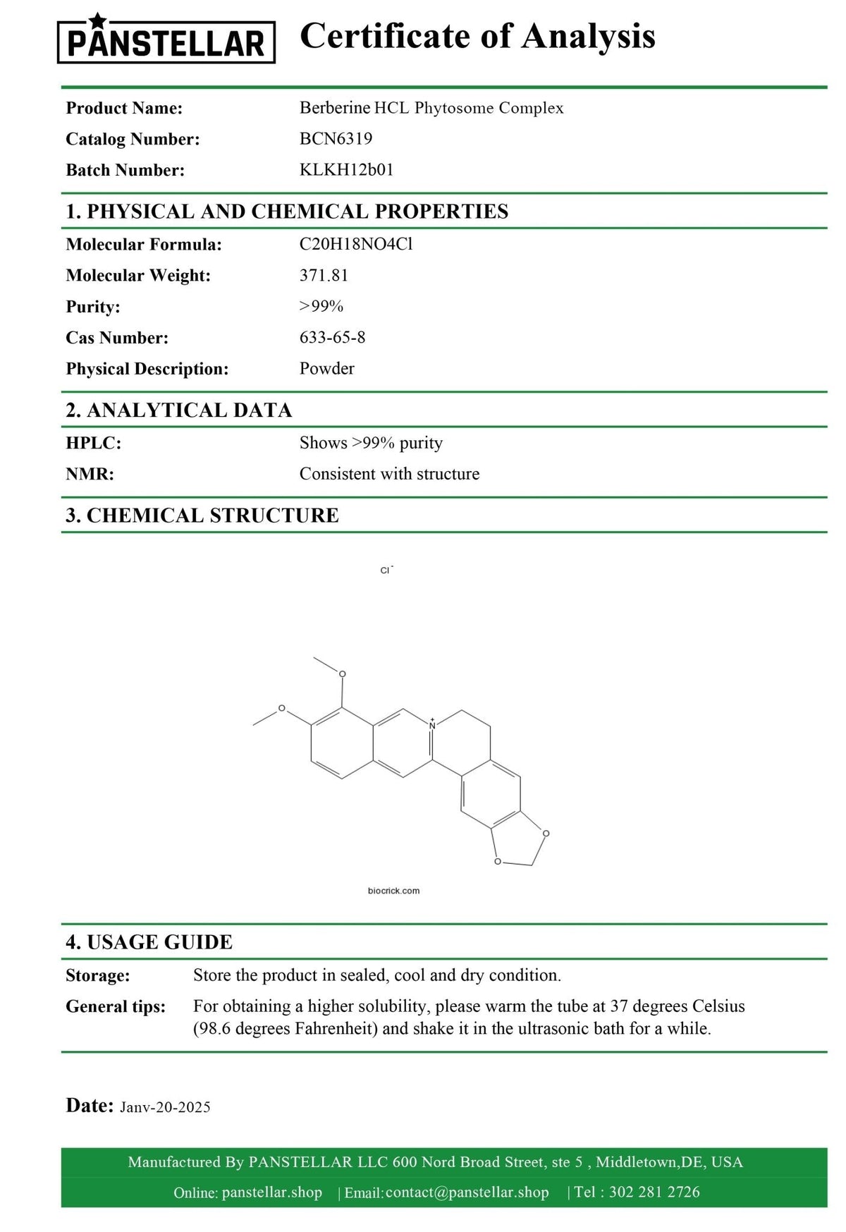 Panstellar - Berberine HCl Phytosome Complex 2000mg – 180 Capsules