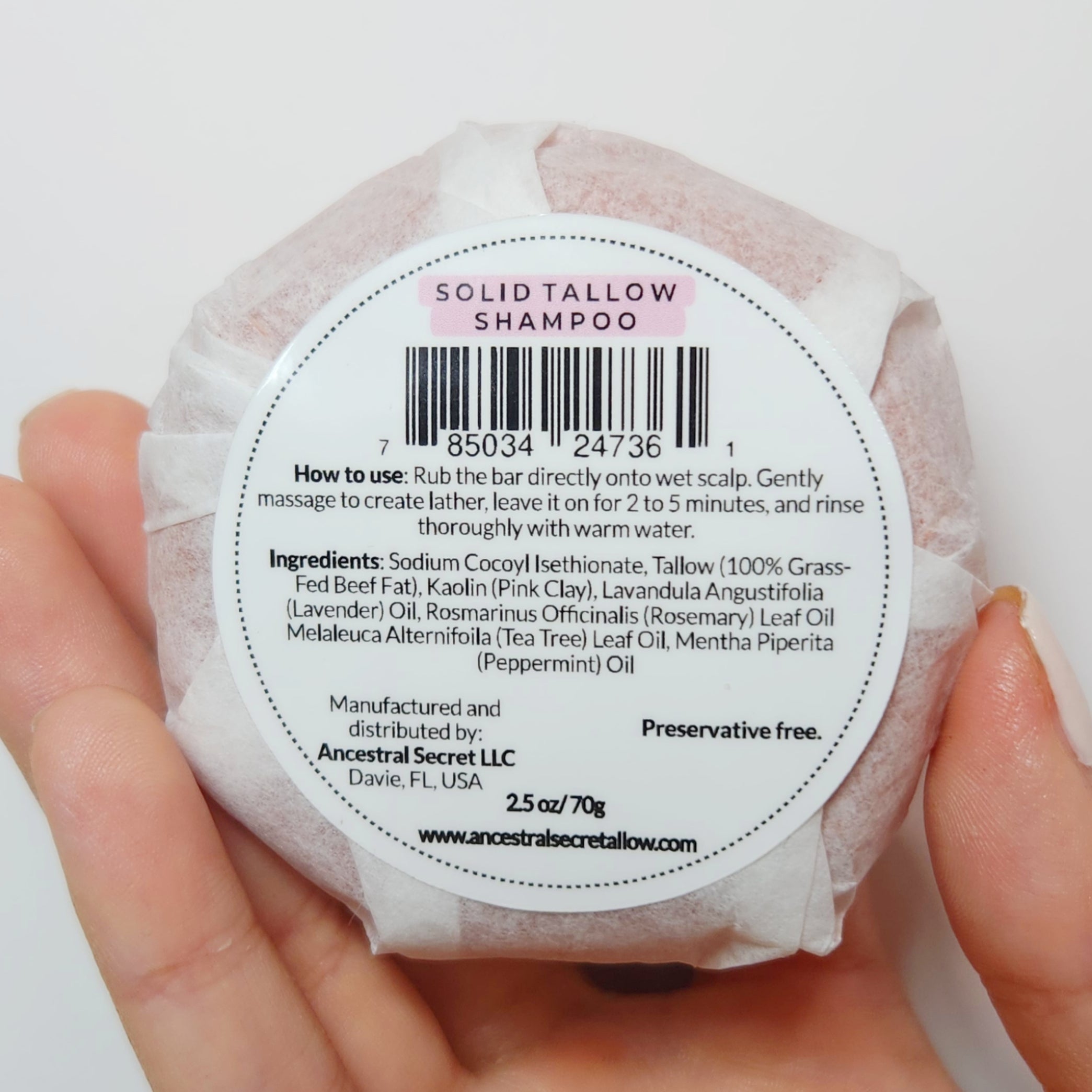 Ancestral Secret - Tallow Shampoo Bar, All hair types. 2.5 oz