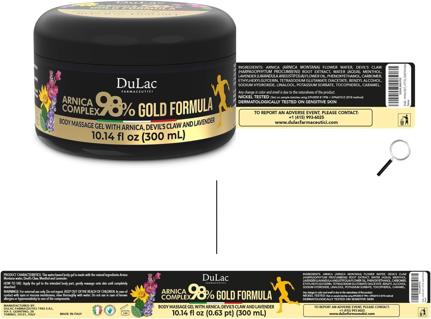 Dulac - Arnica 98% Cooling Gel, 10.14 Fl Oz, Gold Formula for Muscle and Joint Massage, with Arnica Montana, Devil's Claw, Lavender and Menthol, Made in Italy