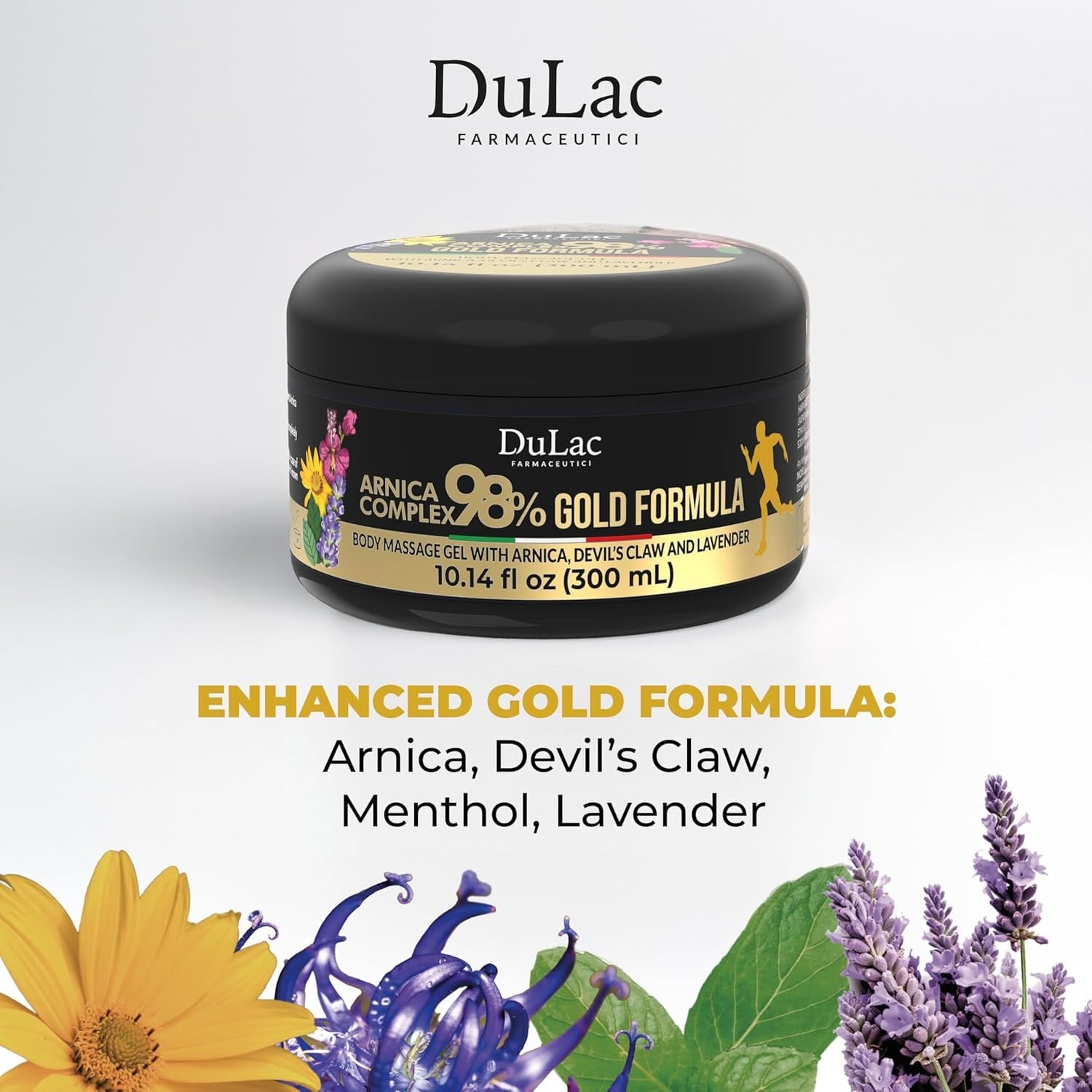 Dulac - Arnica 98% Cooling Gel, 10.14 Fl Oz, Gold Formula for Muscle and Joint Massage, with Arnica Montana, Devil's Claw, Lavender and Menthol, Made in Italy