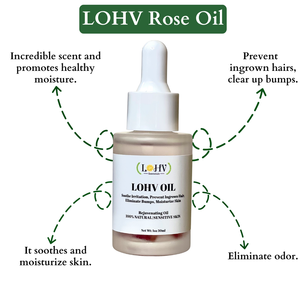 LOHV ESSENTIALS - PREMIUM Multi-Purpose Rose Oil For Sensitive Skin. Clear Up Bumps, Ingrown Hairs On Face and Bikini Line, Soothes Irritation with Rosemary Oil + Vitamin E Oil + Grape Seed Oil + Sweet Almond Oil