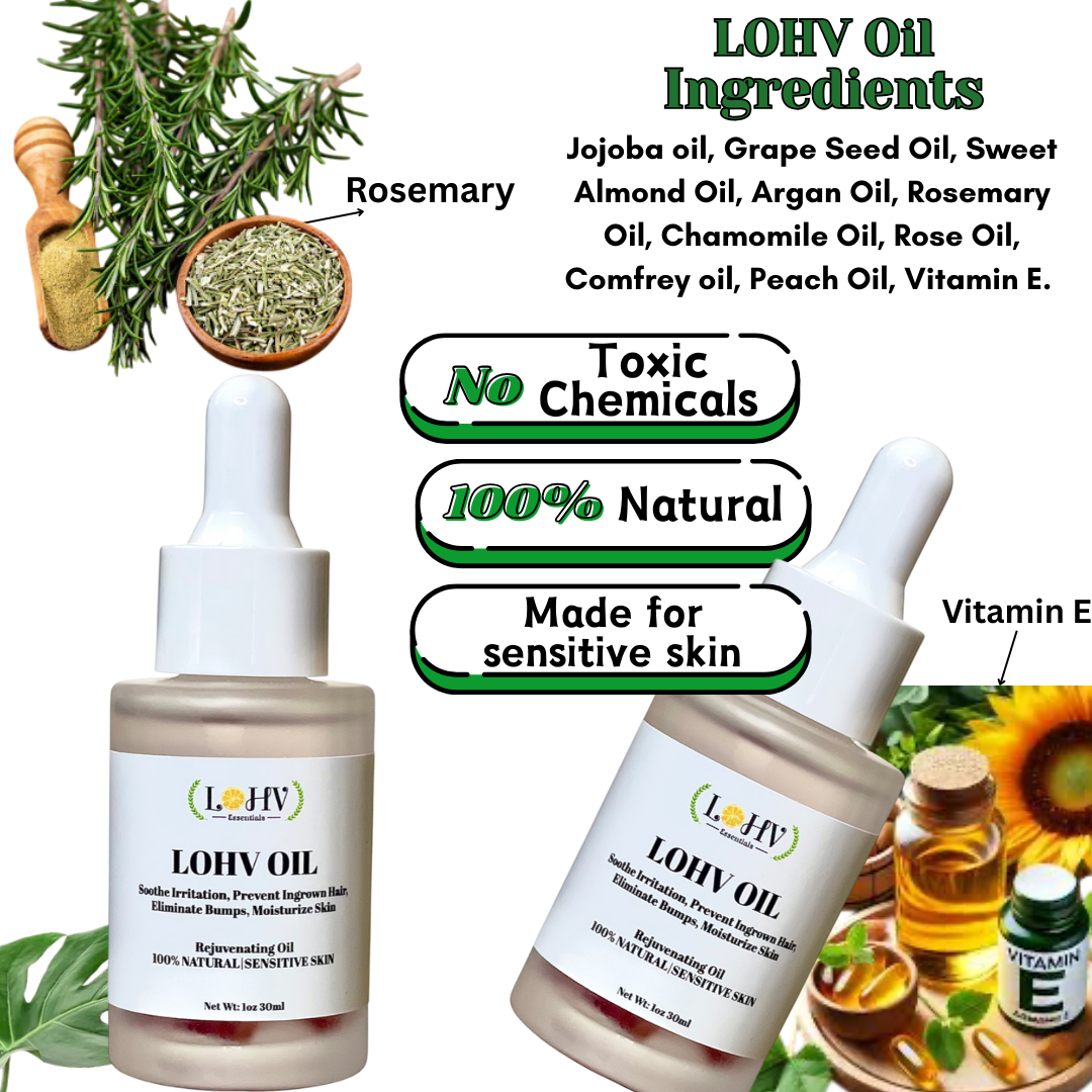 LOHV ESSENTIALS - PREMIUM Multi-Purpose Rose Oil For Sensitive Skin. Clear Up Bumps, Ingrown Hairs On Face and Bikini Line, Soothes Irritation with Rosemary Oil + Vitamin E Oil + Grape Seed Oil + Sweet Almond Oil