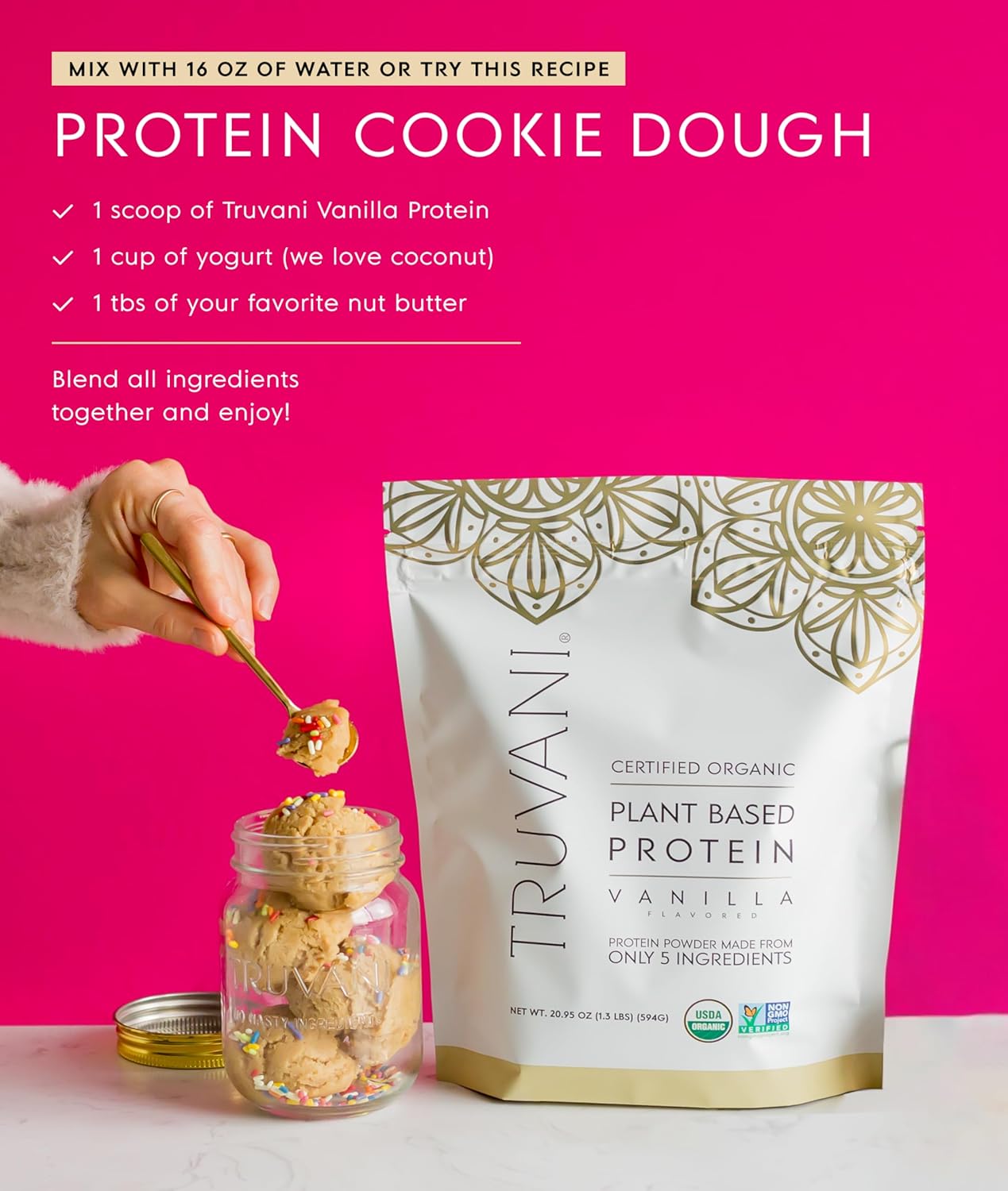 Truvani Plant Based Protein Powder | Vanilla | 20g Organic Pea Protein | 18 Servings | Vegan & Keto | Gluten & Dairy Free | Low Carb | No Added Sugar