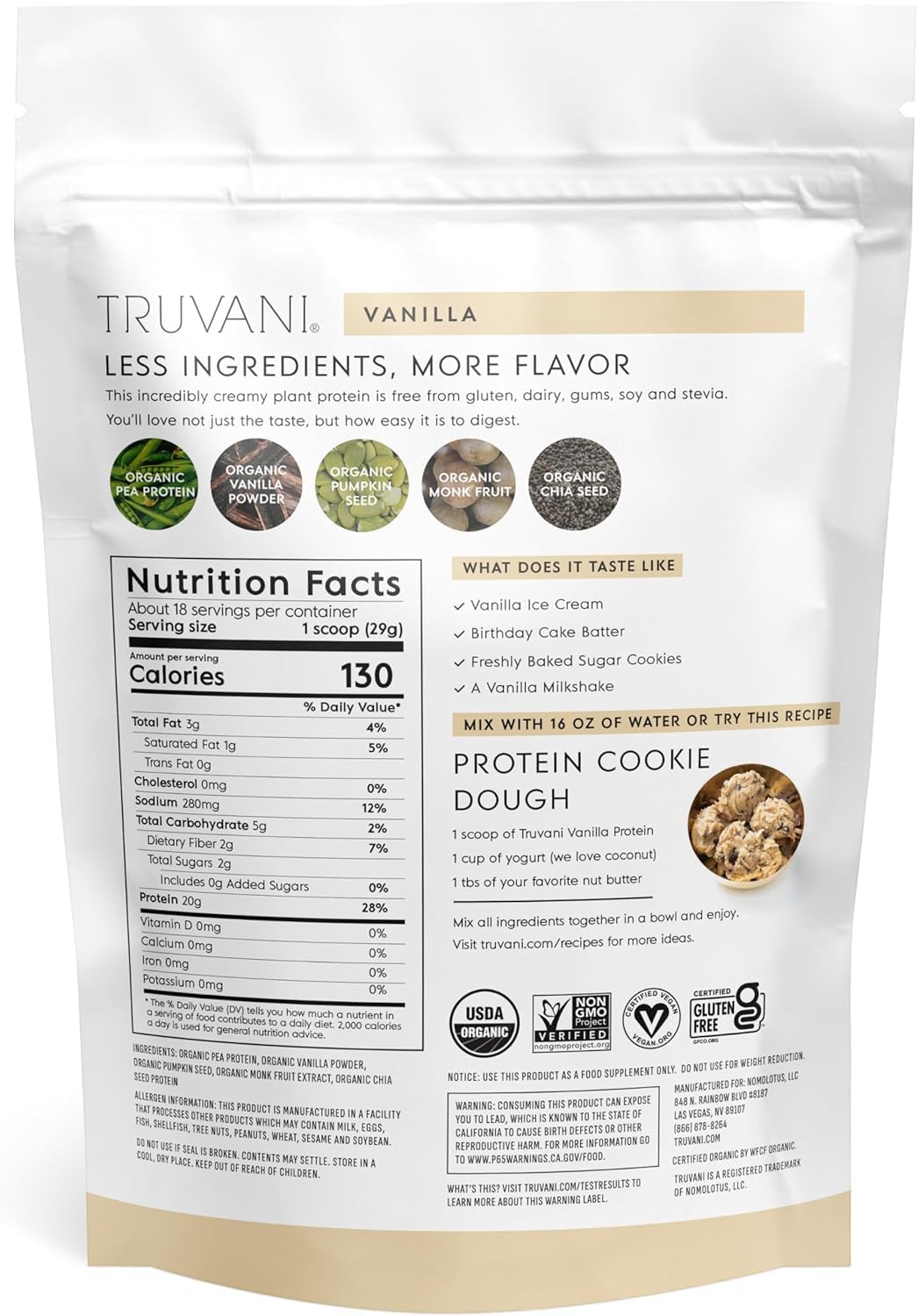 Truvani Plant Based Protein Powder | Vanilla | 20g Organic Pea Protein | 18 Servings | Vegan & Keto | Gluten & Dairy Free | Low Carb | No Added Sugar