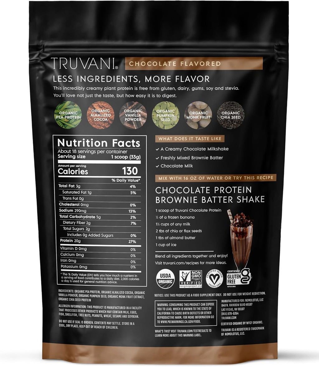 Truvani Plant Based Protein Powder | Chocolate | 20g Organic Pea Protein | 18 Servings | Vegan & Keto | Gluten & Dairy Free | Low Carb | No Added Sugar (Copy)