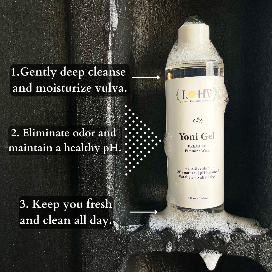 LOHV ESSENTIALS - PREMIUM Herbal LOHV YONI GEL pH Balancing Intimate Wash: Eliminate Odor, Cleanse Vulva, Maintain a Healthy pH Balance with Palm Kernel Oil + Rose Oil + Aloe Vera Leaf