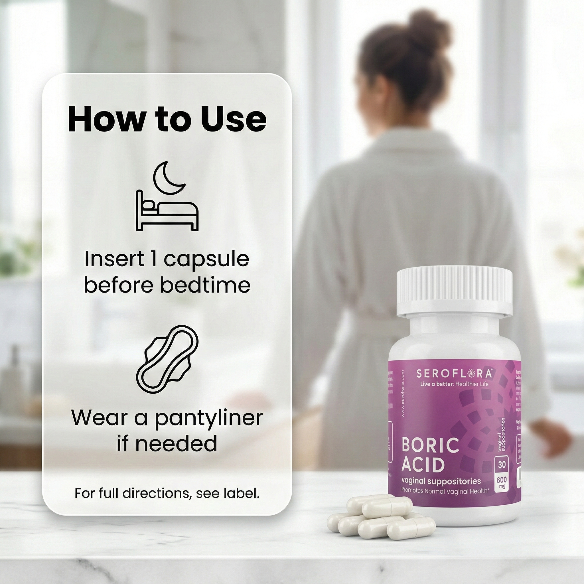 Seroflora Boric Acid Vaginal Suppositories 600mg 30 Count