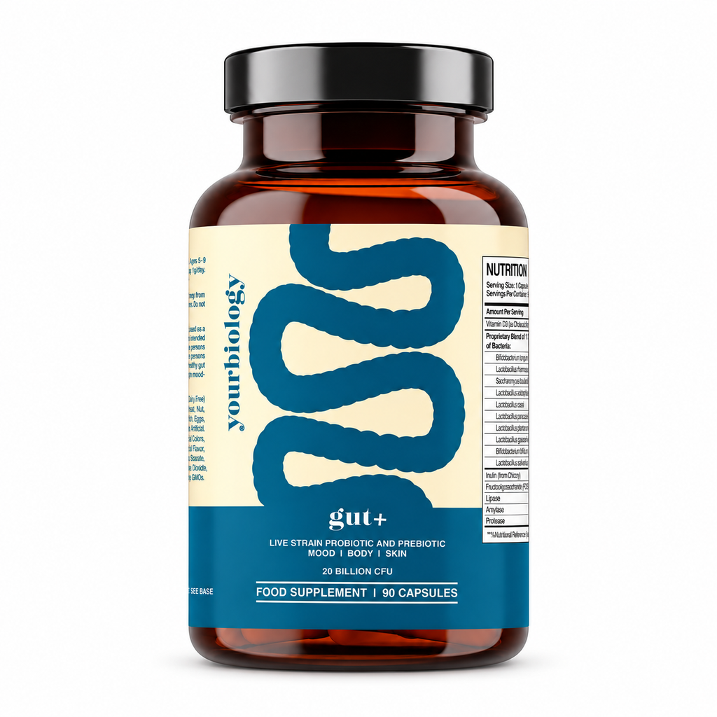YourBiology gut+ probiotic and prebiotic, 90 capsules, centered on a white background