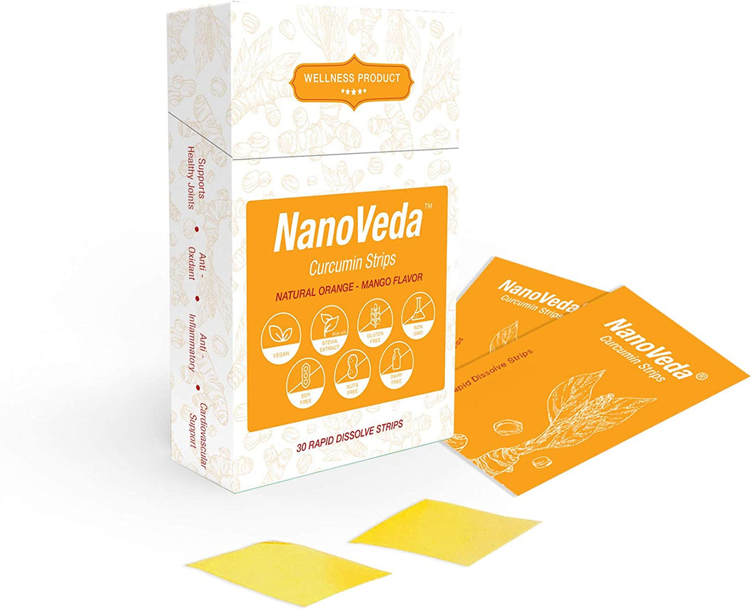 NanoVeda Curcumin Vegan Oral Strips with Strong Anti-Inflamatory Properties, Rich in Antioxidants, Relive Stiff & Sore Joints-30 Orosoluble Strips in Natutal Orange-Mango Flavour