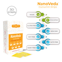 Load image into Gallery viewer, NanoVeda Curcumin Vegan Oral Strips with Strong Anti-Inflamatory Properties, Rich in Antioxidants, Relive Stiff &amp; Sore Joints-30 Orosoluble Strips in Natutal Orange-Mango Flavour