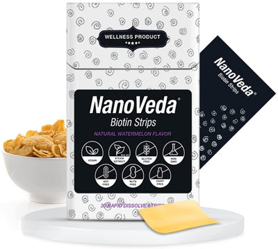 NanoVeda Biotin Strips for Healthy Hair, Nails. Reduces Hair Fall, thinning of Hair, enhances Growth, Builds Healthy nails-30 Rapid Dissolve Oral Strips in Natural Watermelon Flavor