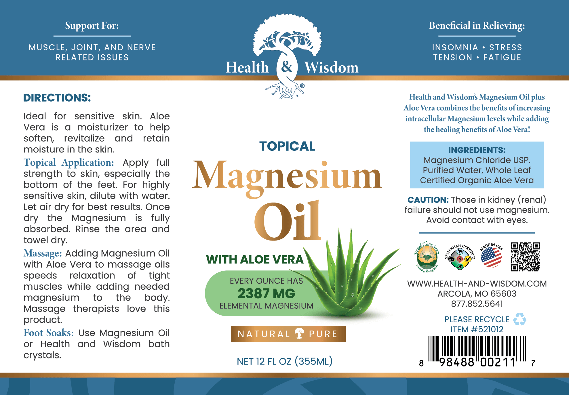 Magnesium Oil USP With Aloe Vera 12 oz